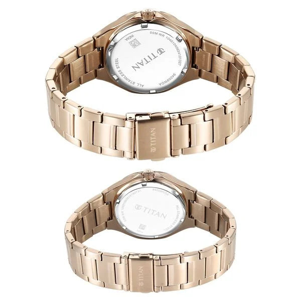 Bandhan Quartz Analog With Sun - Moon Silver Dial Rose Gold Stainless Steel Strap Watch For Couple