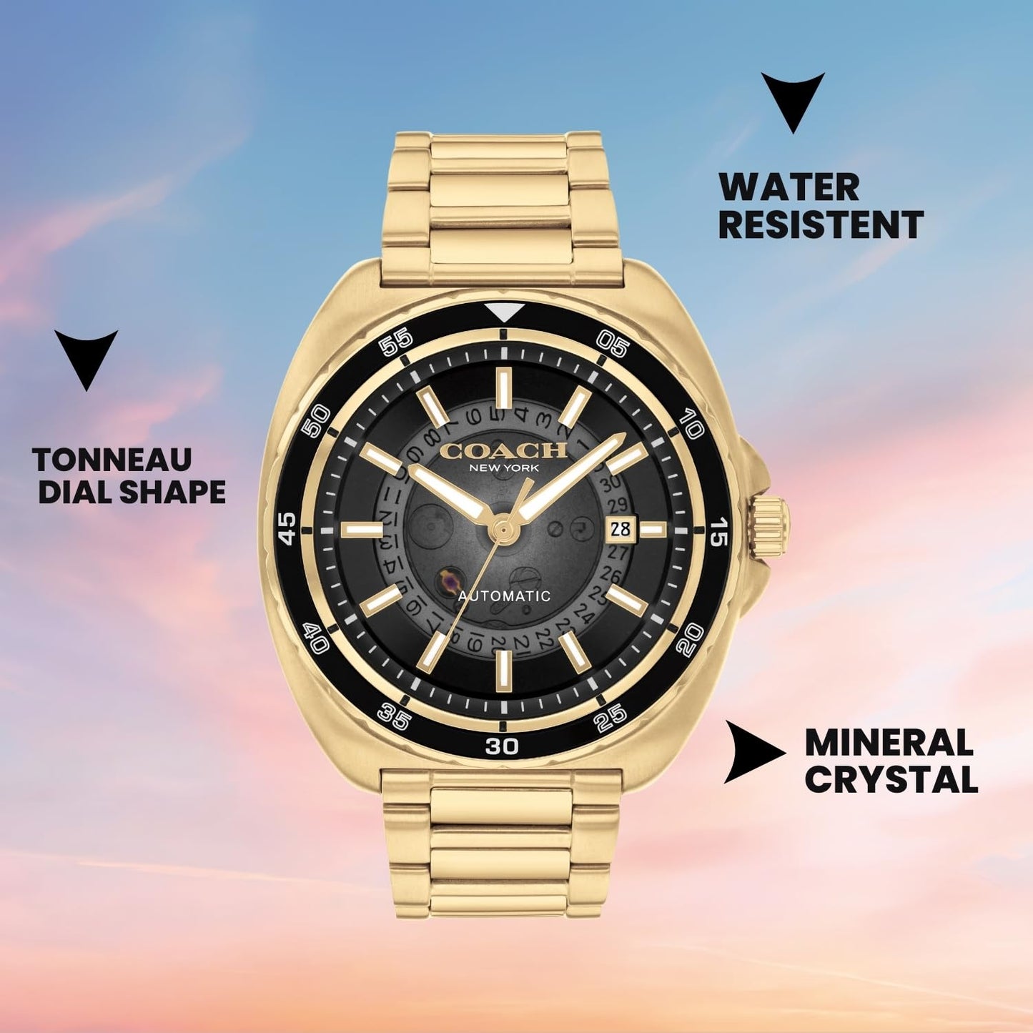 Coach Charter China Auto Black Tonneau Dial Men's Watch|Ionic Plated Thin Gold Steel Material|Gold Color Band