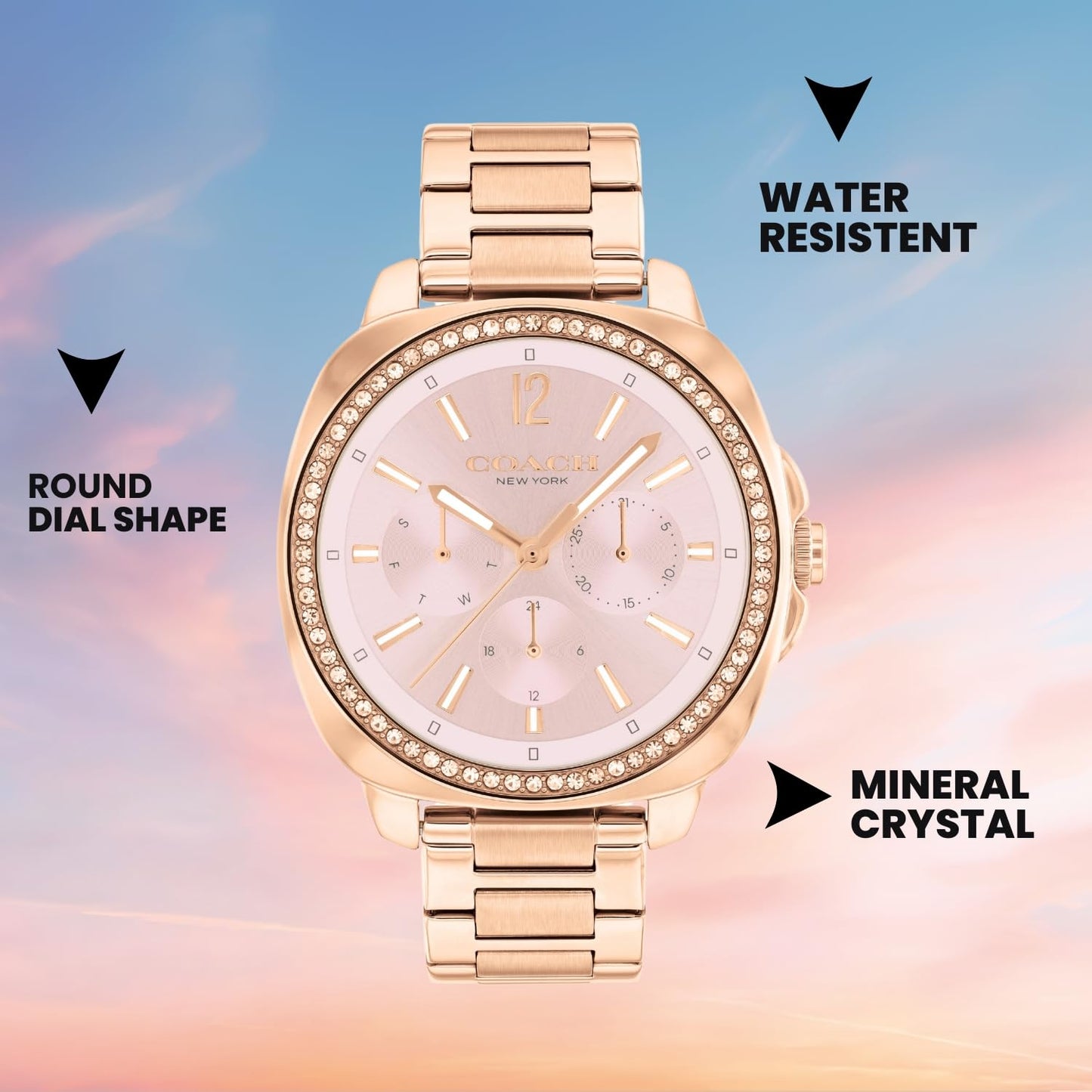Coach Kitt Qtz Multifunction Blush Tonneau Dial Women's Watch|Ionic Plated Rose Gold Steel Material|Rose Gold Color Band