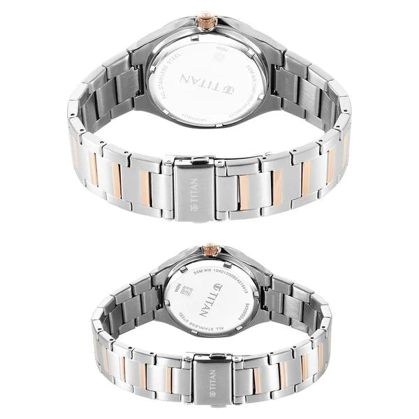 Bandhan Quartz Analog Sun-Moon Silver Dial Two Toned Stainless Steel Strap Watch For Couple