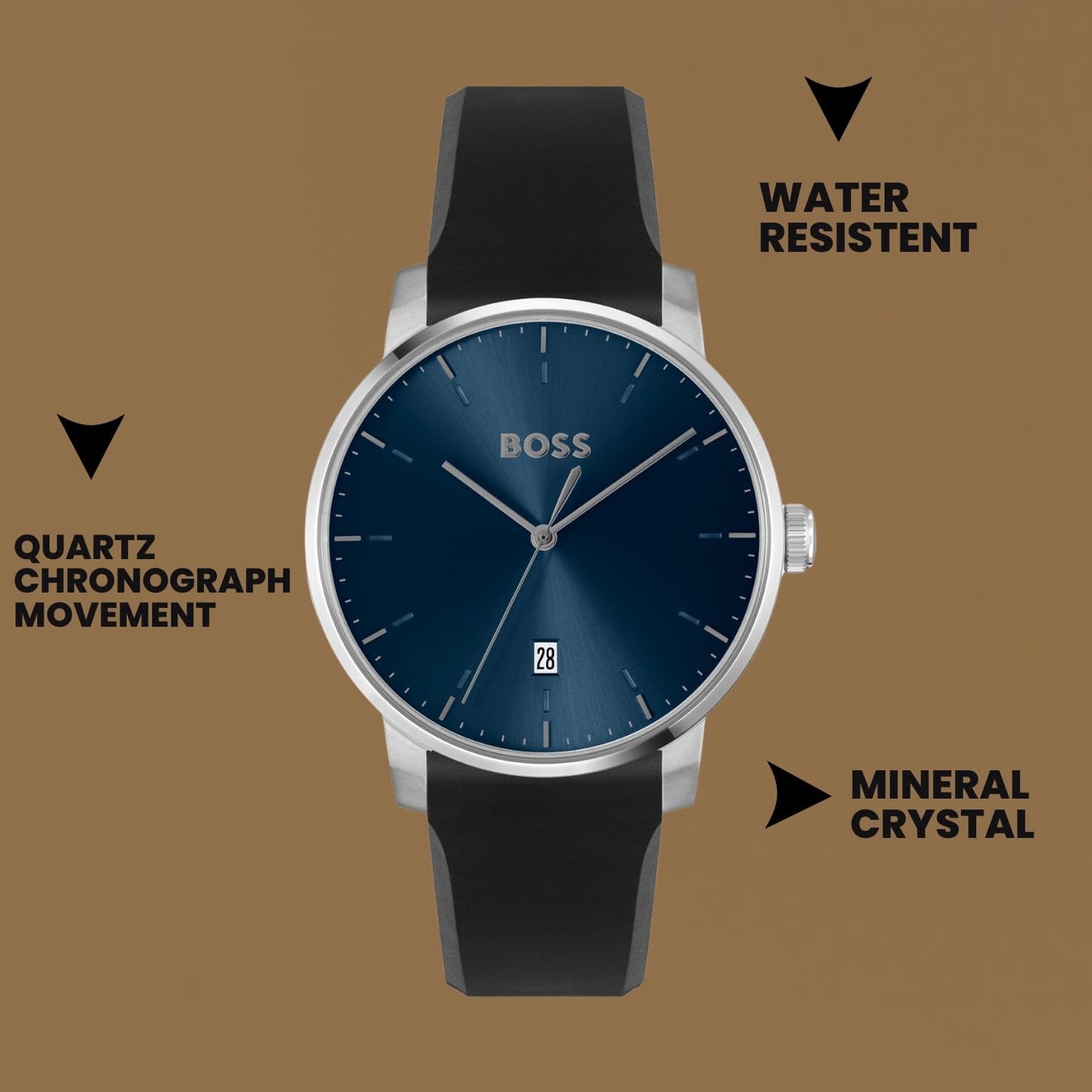 Hugo Boss Dean Qtz Basic Calendar Blue Round Dial Analog Men's Watch|Black Silicone Material|Black Color Band