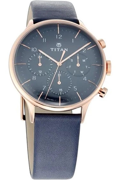 Titan Quartz Multifunction Blue Dial Leather Strap Watch for Men