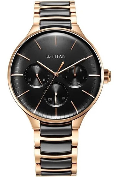 Titan Ceramic Fusion Quartz Multifunction Black Dial Rose Gold Dual-Toned Stainless Steel Bracelet Watch for Men