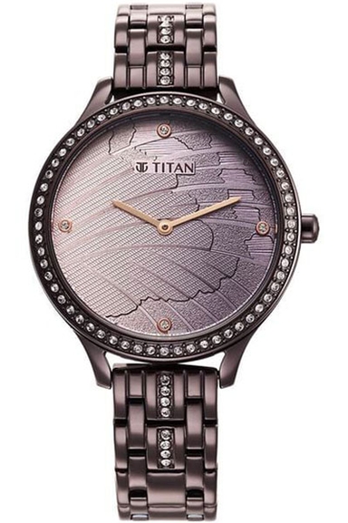 Titan Glitz Purple Dial Analog Stainless Steel Strap Watch for Women