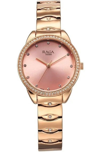 Titan Raga Showstopper Quartz Analog Pink Dial Metal Strap Watch for Women