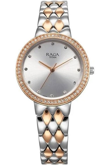 Titan Raga Showstopper Quartz Analog Silver Dial Metal Strap Watch for Women