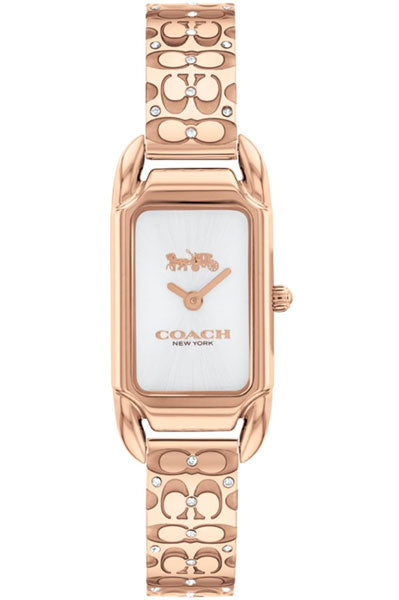 Coach Cadie Qtz Basic Silver White Rectangle Dial Women's Watch|Ionic Plated Rose Gold Steel & Crystals Material|Gold Color Band - 14504197