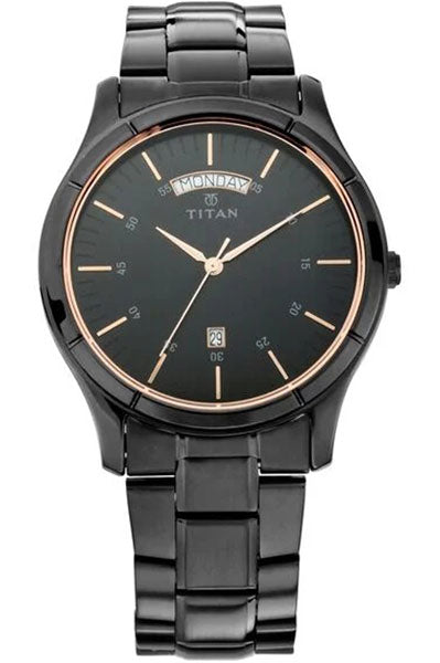 Quartz Analog with Day and Date Black Dial Stainless Steel Strap Watch for Men