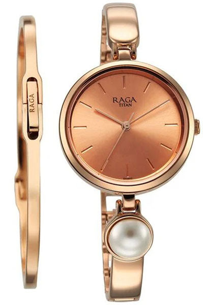 Raga Power Pearls Quartz Analog Rose Gold Dial Metal Strap with pearl Watch for Women