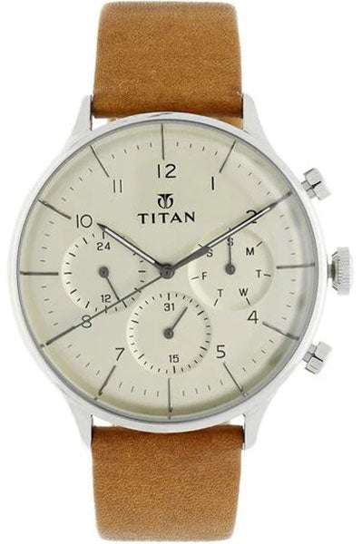 Quartz Multifunction Silver Dial Leather Strap Watch for Men