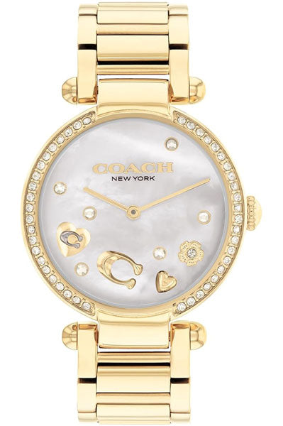 COACH Cary Qtz Basic White Mother of Pearl Round Dial Women's Watch|Ionic Plated Thin Gold Steel Material|Gold Color Band - 14504265