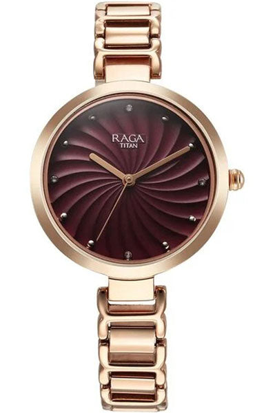 Raga Memoirs Quartz Analog Burgundy Dial With Rose Gold Color Metal Strap Watch For Women