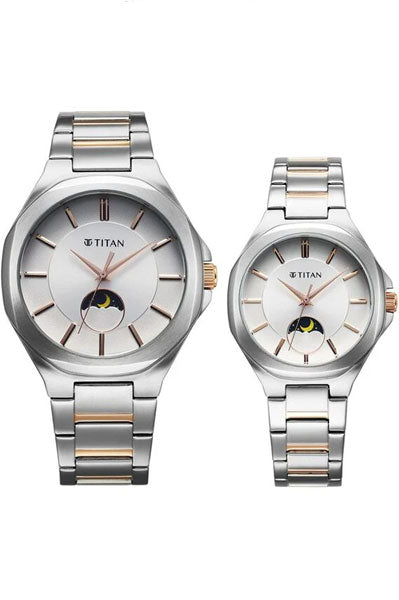Bandhan Quartz Analog Sun-Moon Silver Dial Two Toned Stainless Steel Strap Watch For Couple