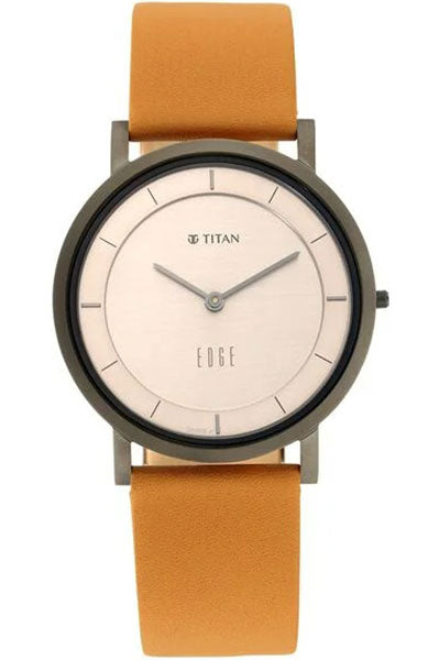 Edge Slim Leather Strap Beige Dial Analog Watch for Men