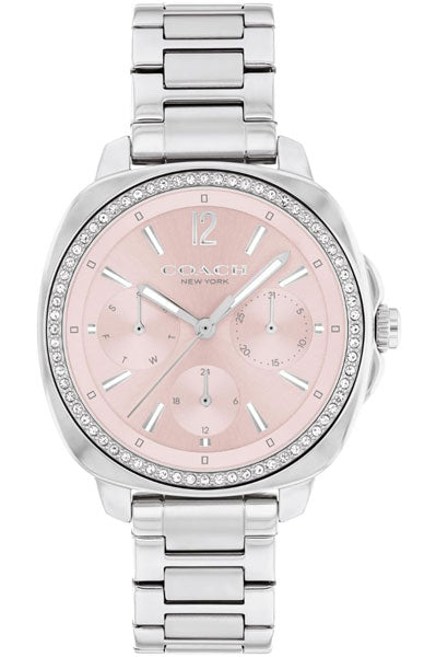 Coach Kitt Qtz Multifunction Blush Tonneau Dial Women's Watch|Stainless Steel Material|Silver Color Band
