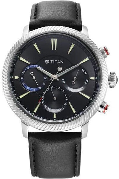 Stellar Quartz Multifunction Black Dial Leather Strap Watch for Men