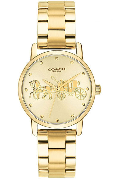 COACH Grand Qtz Basic Gold Round Dial Women's Watch|Ionic Plated Thin Gold Steel Material|Gold Color Band - 14502976