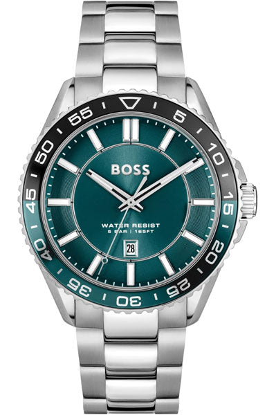BOSS Hugo Runner 3H Qtz Basic Calendar Dark Green Round Dial Men's Analog Watch|Stainless Steel Material|Silver Color Band