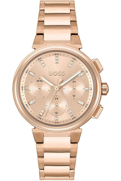BOSS One Qtz Multifunction Carnation Gold Round Dial Women's Watch|Ionic Plated Carnation Gold Steel Material|Gold Color Band