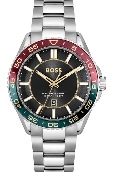 BOSS Hugo Runner 3H Qtz Basic Calendar Black Round Dial Men's Analog Watch|Stainless Steel Material|Silver Color Band