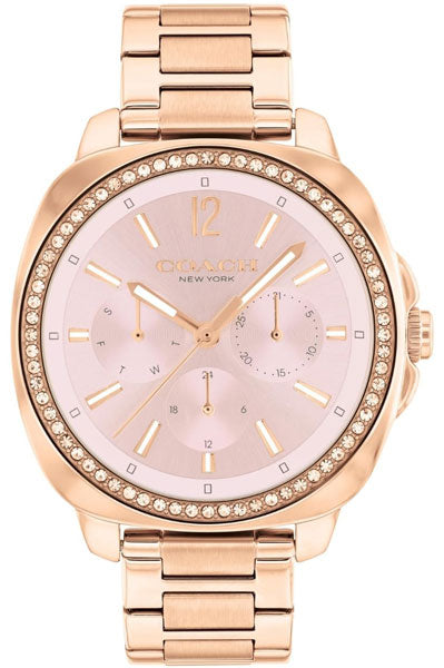 Coach Kitt Qtz Multifunction Blush Tonneau Dial Women's Watch|Ionic Plated Rose Gold Steel Material|Rose Gold Color Band