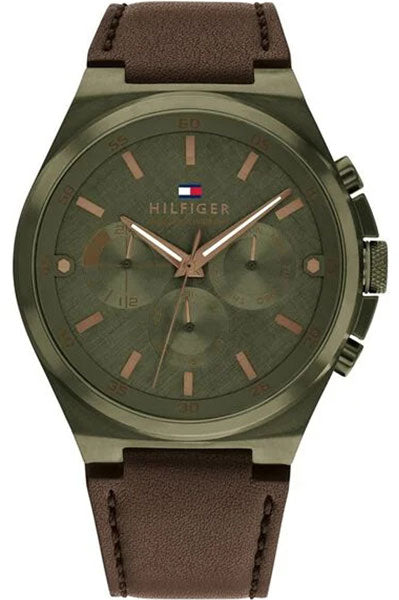 Quartz Multifunction Green dial Leather Strap Watch for MenGender