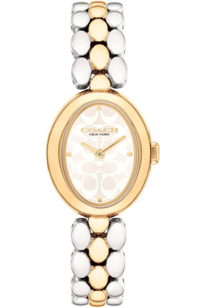 Coach Sammy Qtz Basic Silver White Oval Dial Women's Watch|Stainless Steel & Ionic Plated Thin Gold Steel Material|Gold Color Band