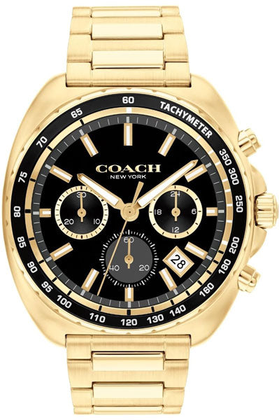 Coach Charter Qtz Fashion Chrono Black Tonneau Dial Men's Watch|Ionic Plated Thin Gold Steel Material|Gold Color Band