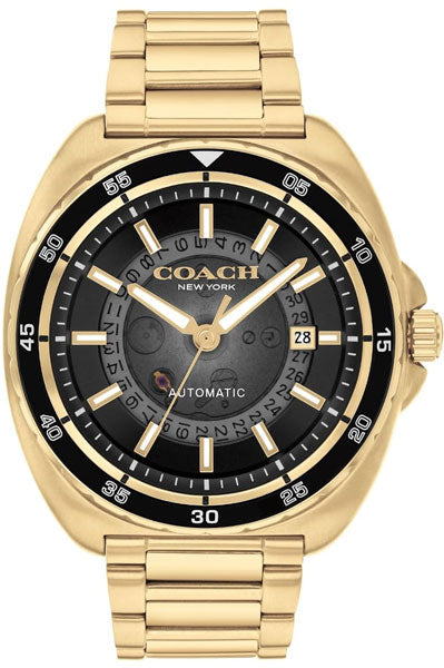 Coach Charter China Auto Black Tonneau Dial Men's Watch|Ionic Plated Thin Gold Steel Material|Gold Color Band