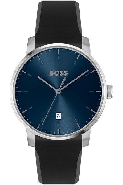 Hugo Boss Dean Qtz Basic Calendar Blue Round Dial Analog Men's Watch|Black Silicone Material|Black Color Band