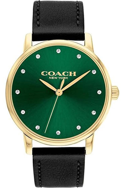 COACH 14503972 Green Dial Black Leather Strap Ladies Grand 36mm Watch, Green