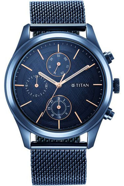 Men's Sartorial Neo Splash: Blue Dial Multifunction Watch with Mesh Strap