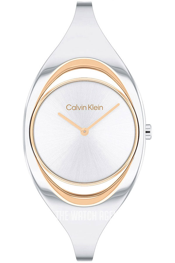 Calvin Klein Women's CK Elation Wristwatch, 2 Hand, Two Tone, Minimalistic Bangle Style, (Model:25200393), Silver