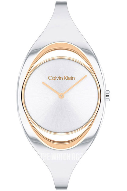 Calvin Klein Women's CK Elation Wristwatch, 2 Hand, Two Tone, Minimalistic Bangle Style, (Model:25200393), Silver