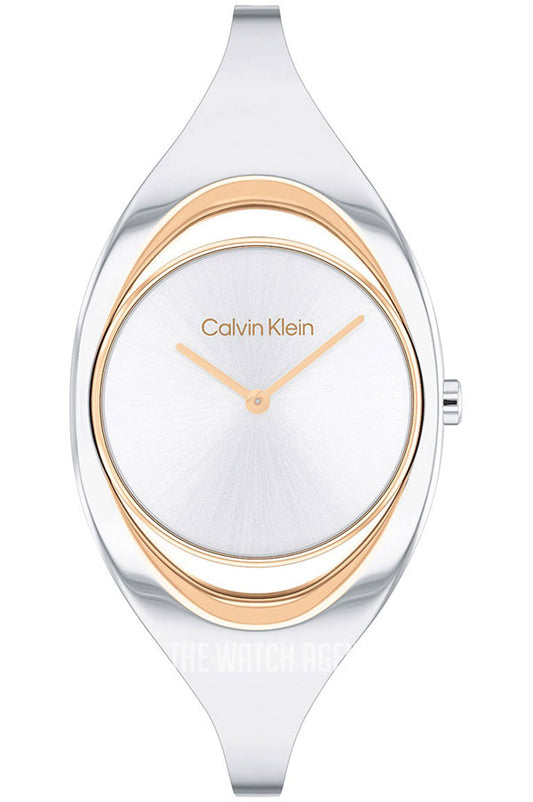 Calvin Klein Women's CK Elation Wristwatch, 2 Hand, Two Tone, Minimalistic Bangle Style, (Model:25200393), Silver