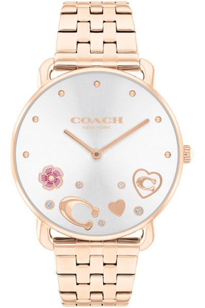 Coach Elliot Qtz Basic Silver White Round Dial Women's Watch|Ionic Plated Rose Gold Steel Material|Gold Color Band - 14504285