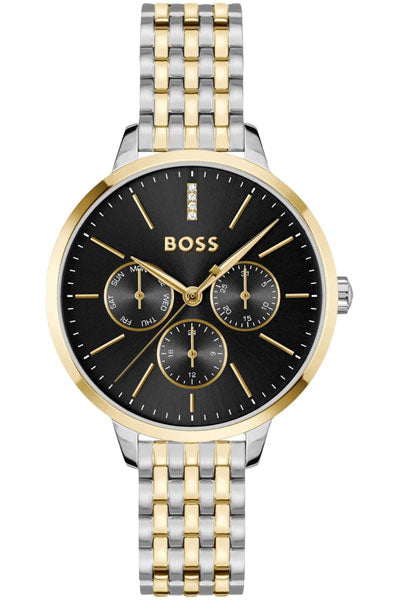 Boss Symphony Le Qtz Multifunction Black Round Dial Women's Watch|Two Tone Stainless Steel Material|Silver Color Band 1502783