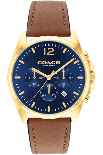 Coach Greyson Qtz Fashion Chrono Dark Blue Round Dial Men's Watch|Saddle Calfskin Material|Saddle Color Band