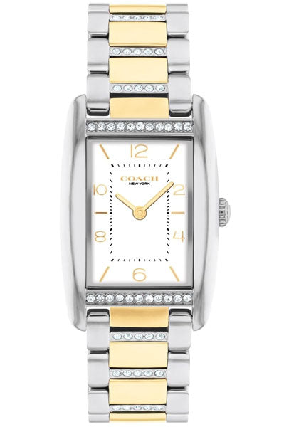 Coach Reese Qtz Basic White Rectangle Dial Women's Watch|Two Tone Stainless Steel & Crystals Material|Silver Color Band