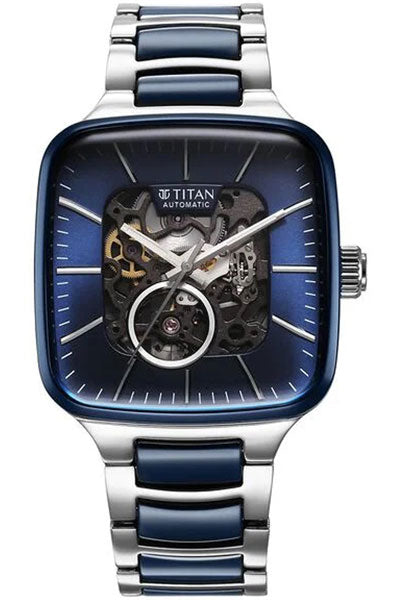 Ceramic Fusion Automatic Square Blue Dial Silver Dual-Toned Stainless Steel Bracelet Watch for Men 90175KD02