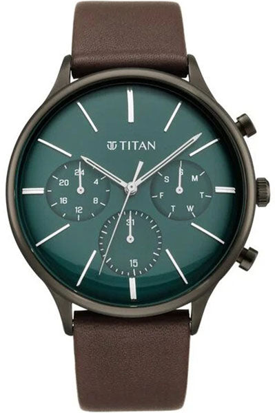 Quartz Multifunction Green Dial Leather Strap Watch for Men NS90134QL01