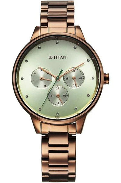 Razzle Dazzle Quartz Analog with Day and Date Green Dial Brown Stainless Steel Strap Watch For Women