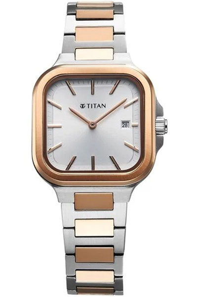 Slim Square Quartz Analog with Date Silver Dial With Two Toned Color Stainless Steel Strap Watch For Women