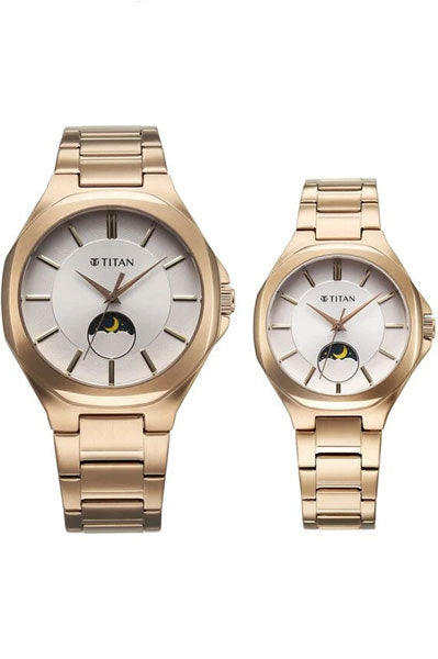 Bandhan Quartz Analog With Sun - Moon Silver Dial Rose Gold Stainless Steel Strap Watch For Couple