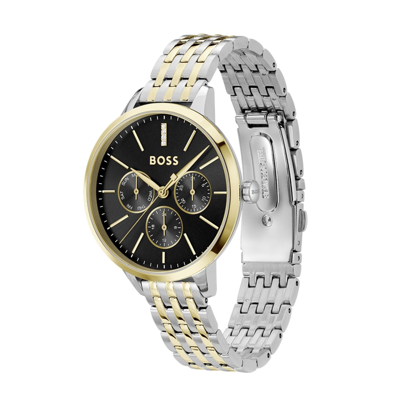 Boss Symphony Le Qtz Multifunction Black Round Dial Women's Watch|Two Tone Stainless Steel Material|Silver Color Band 1502783