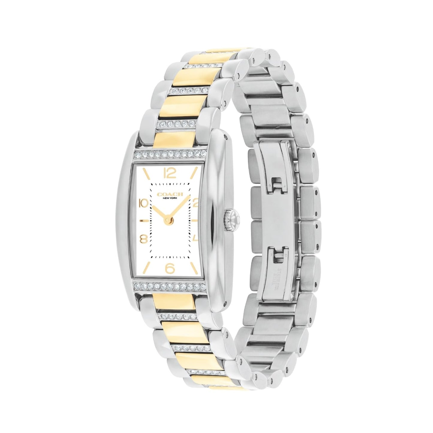 Coach Reese Qtz Basic White Rectangle Dial Women's Watch|Two Tone Stainless Steel & Crystals Material|Silver Color Band