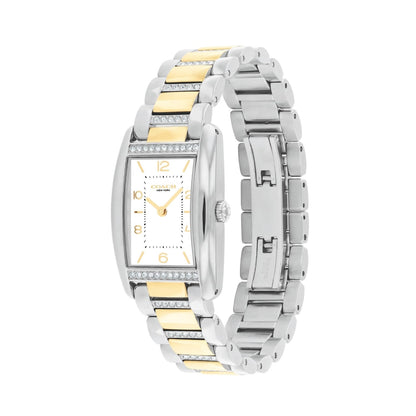 Coach Reese Qtz Basic White Rectangle Dial Women's Watch|Two Tone Stainless Steel & Crystals Material|Silver Color Band
