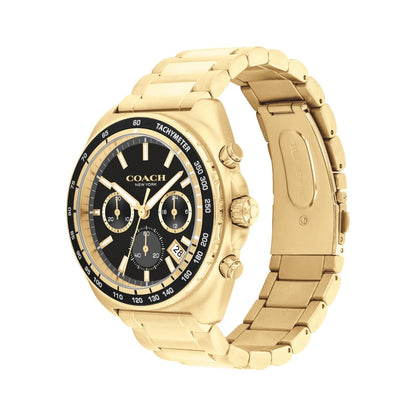 Coach Charter Qtz Fashion Chrono Black Tonneau Dial Men's Watch|Ionic Plated Thin Gold Steel Material|Gold Color Band