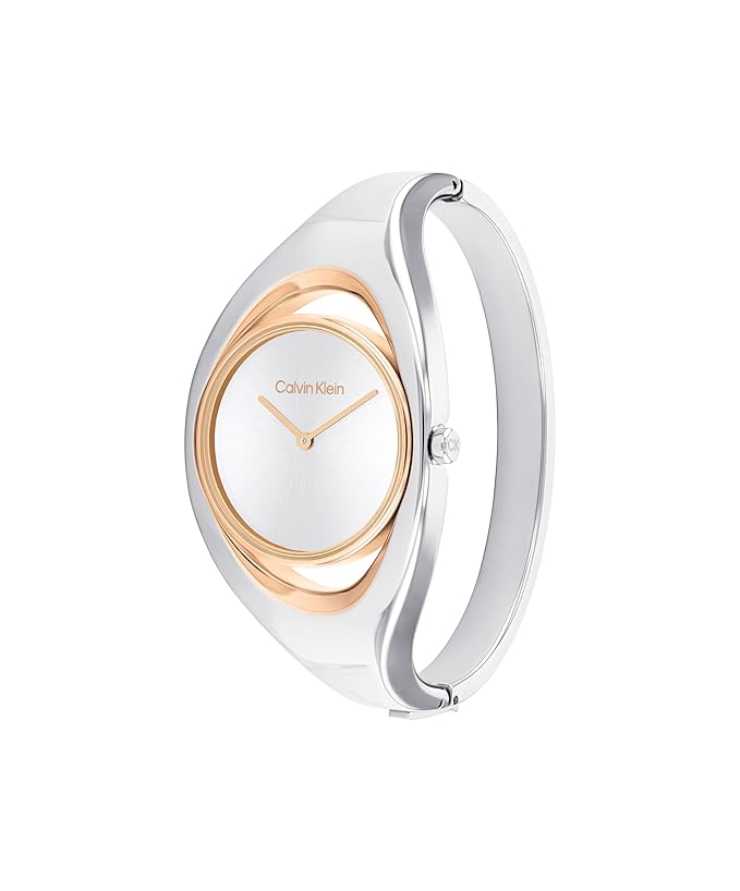 Calvin Klein Women's CK Elation Wristwatch, 2 Hand, Two Tone, Minimalistic Bangle Style, (Model:25200393), Silver