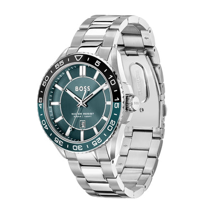 BOSS Hugo Runner 3H Qtz Basic Calendar Dark Green Round Dial Men's Analog Watch|Stainless Steel Material|Silver Color Band
